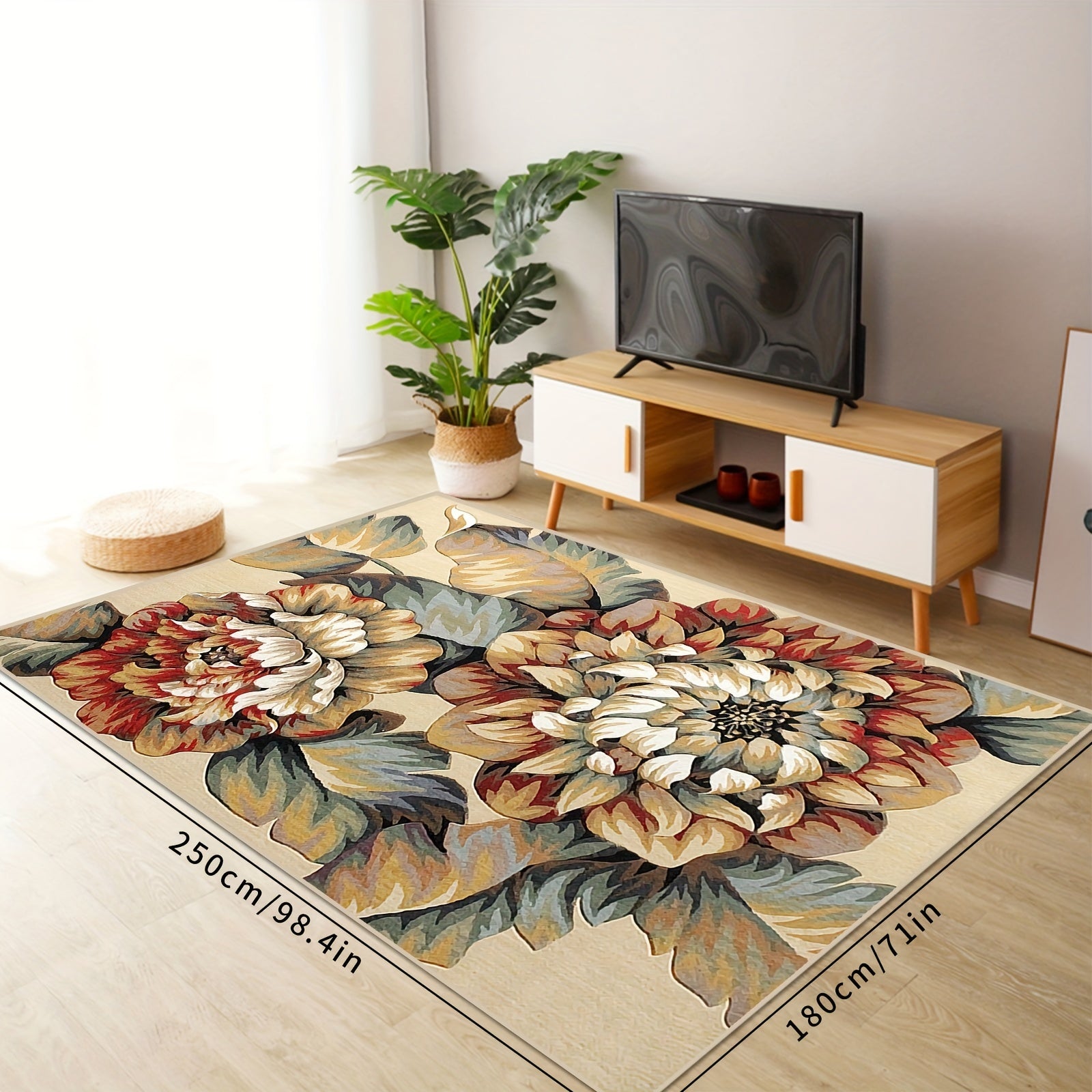 Vintage Floral Living Room Carpet Loop Velvet Non-slip Stain Resistant Rug