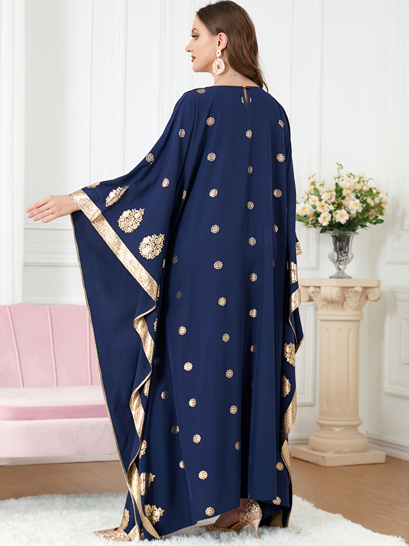  Batwing Sleeve Abaya Long Dress Women's Plus Loose Fit Round Neck Abay
