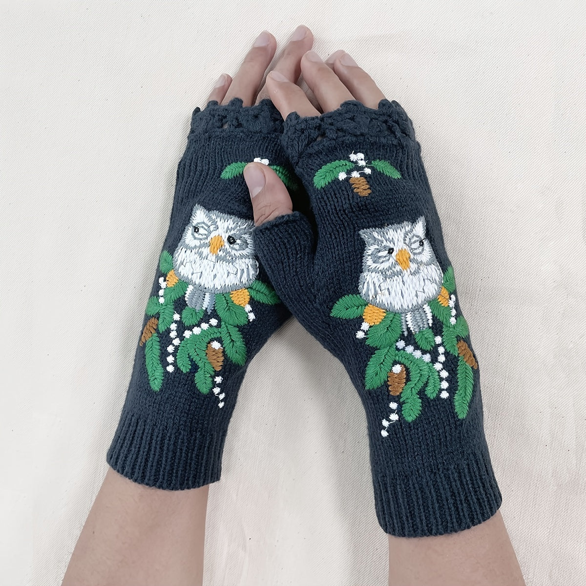 Vintage Owl Crocheted Half Finger Gloves Hand Knit Fingerless Gloves