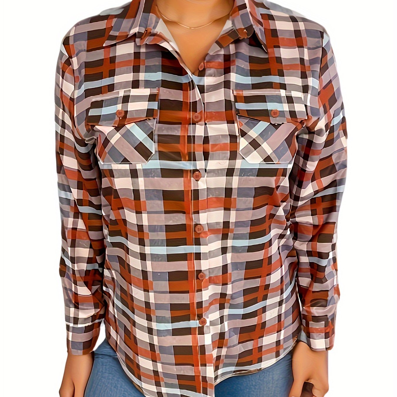  Plaid Print Long Sleeve Button Up Collar Top