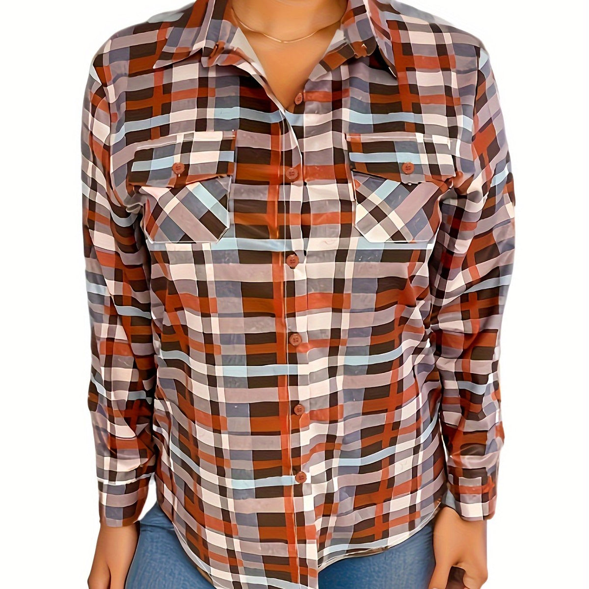  Plaid Print Long Sleeve Button Up Collar Top