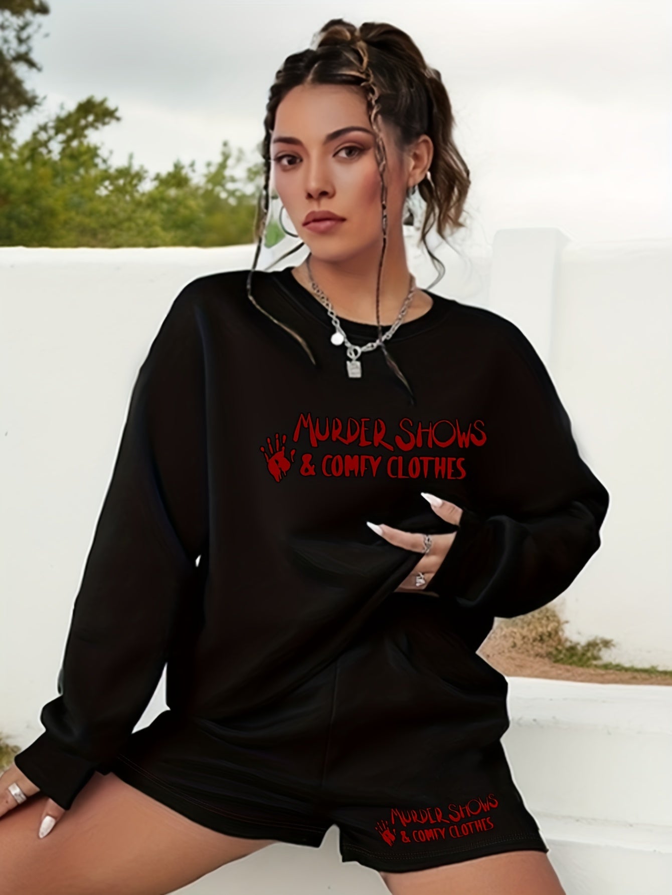  2PC Set Women's Plus Letter Print Sweatshirt & Shorts