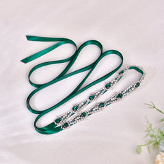 Green Satin Sash with Rhinestone Belt for Bridal Waist Accessory