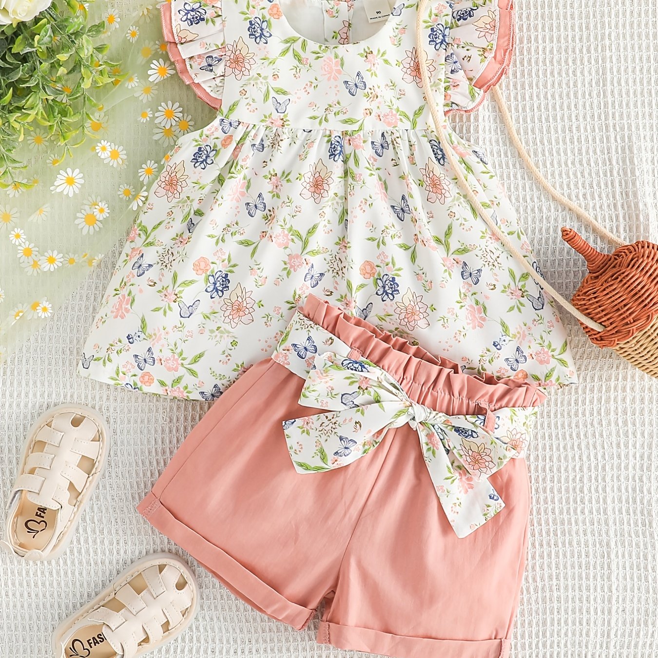 Girls Ruffled Sleeves Floral Blouse Top & Shorts Set
