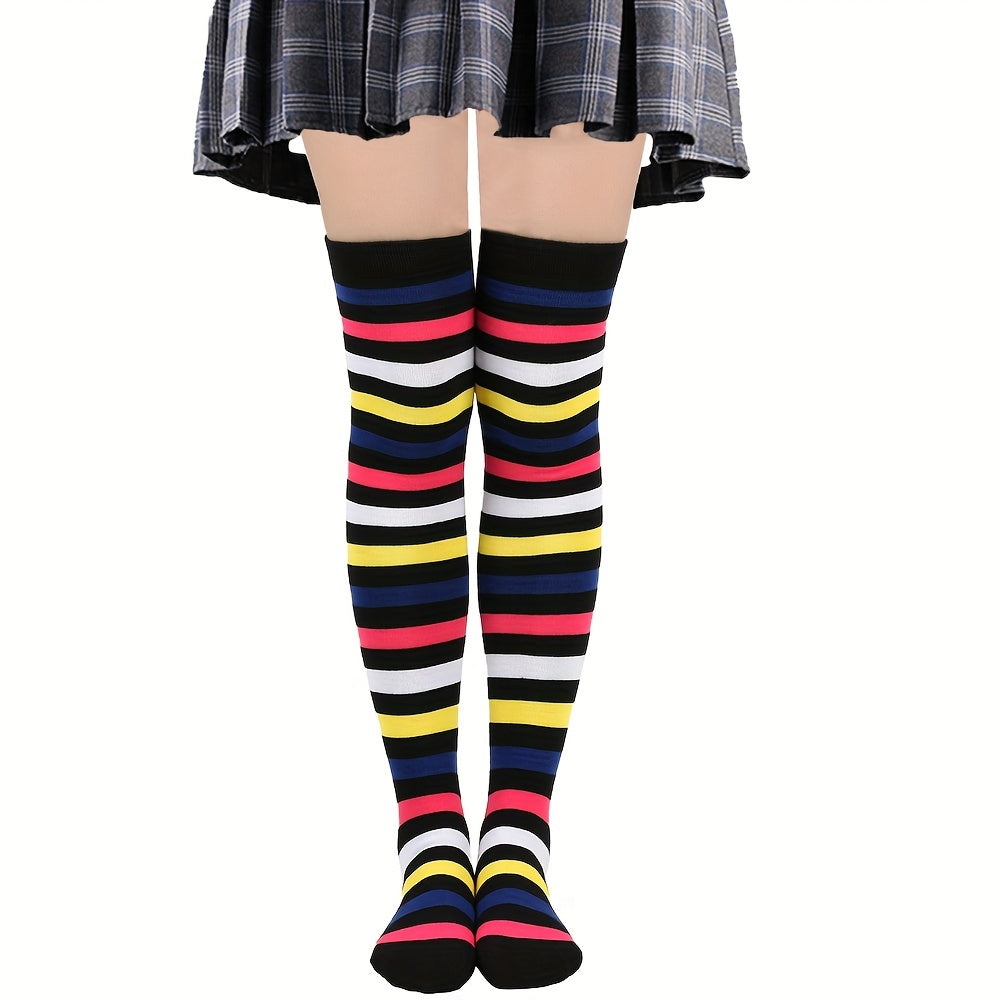 Rainbow Striped Thigh High Socks Cosplay Colorblock Over The Knee Socks