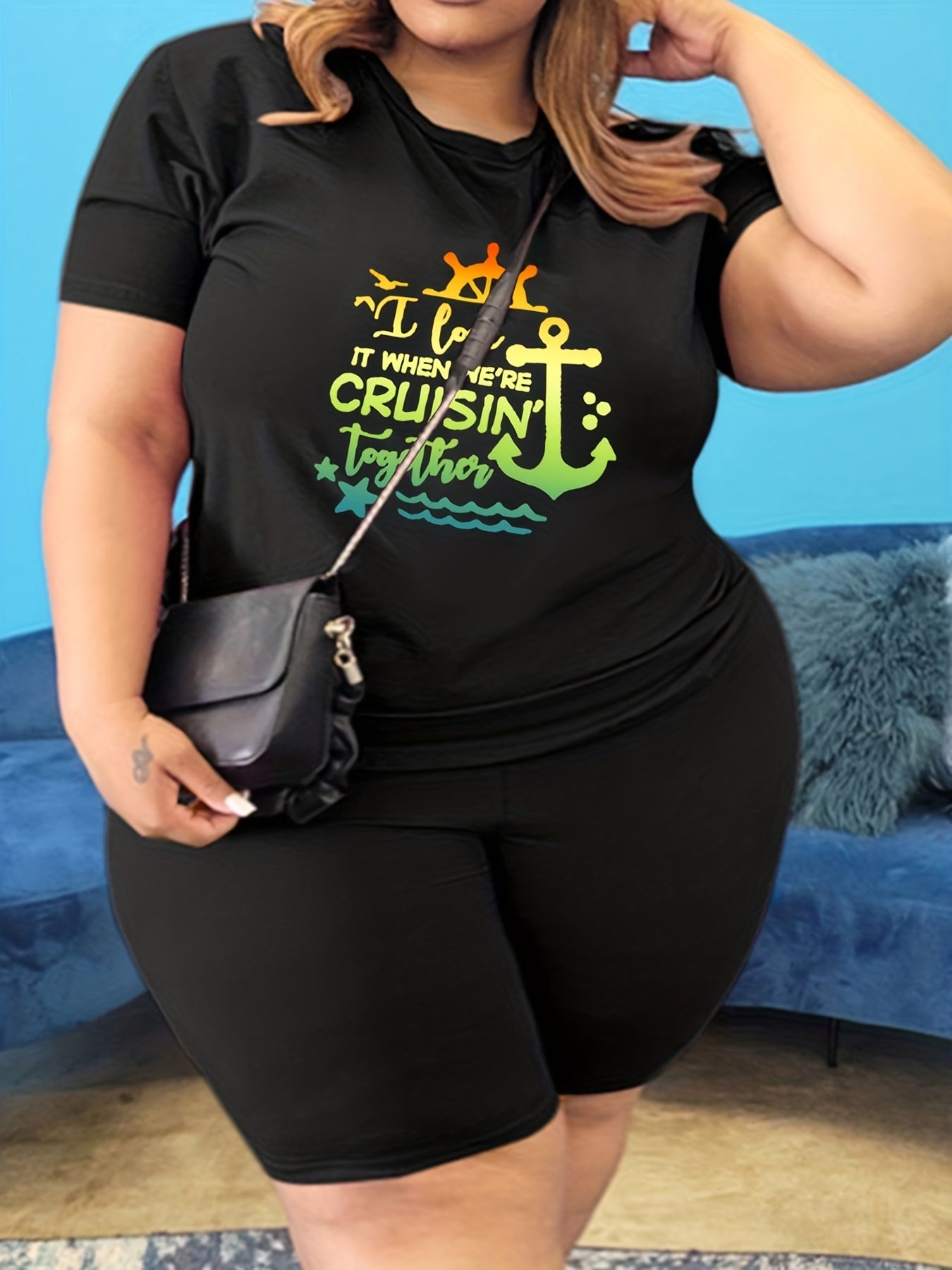  Two Piece Set Slogan & Anchor Print Top & Shorts Outfit