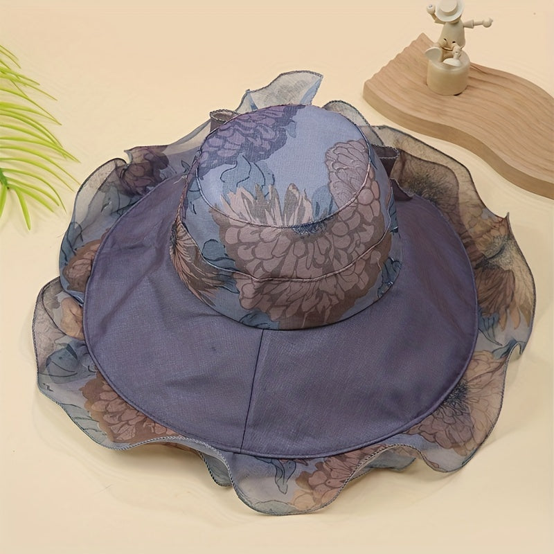 Vintage Flower Print Sun Hat Wide Brim Sunscreen Bucket Hat Lightweight Beach