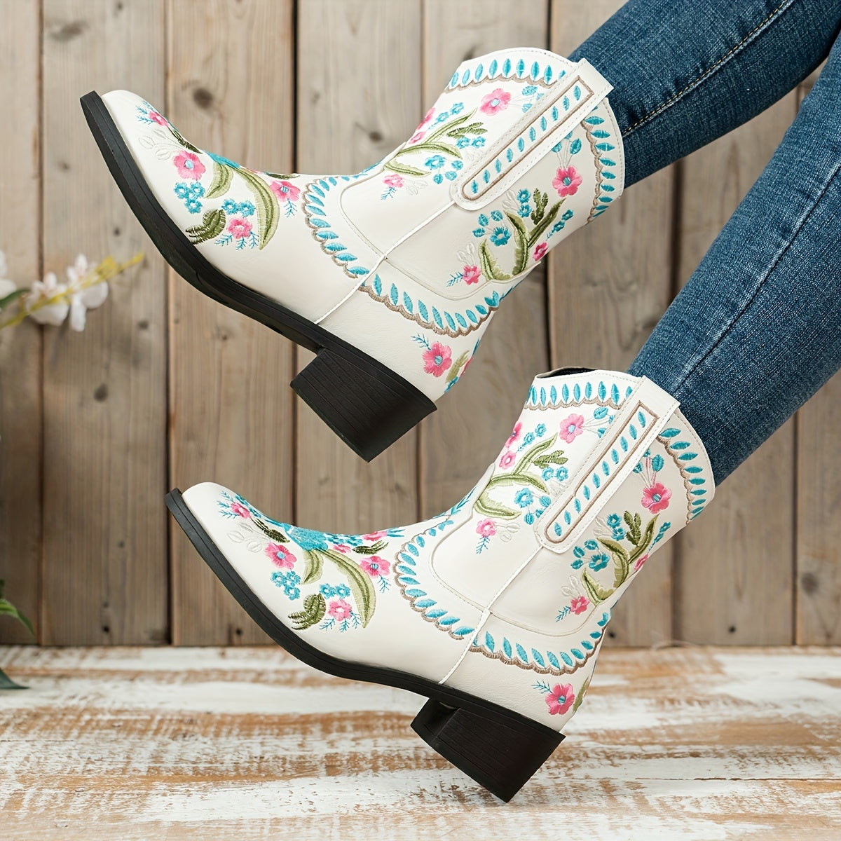 Women's Floral Embroidered Short Boots V Cut Slip On Cowgirl Boots