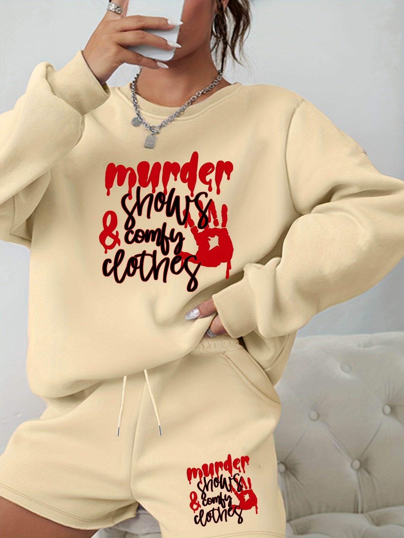 Women's Plus Size Hand & Letter Print Sweatshirt & Shorts Set