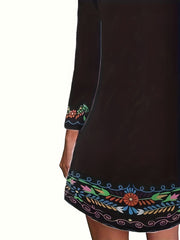  Border Floral Print Long Sleeve Round Neck Dress