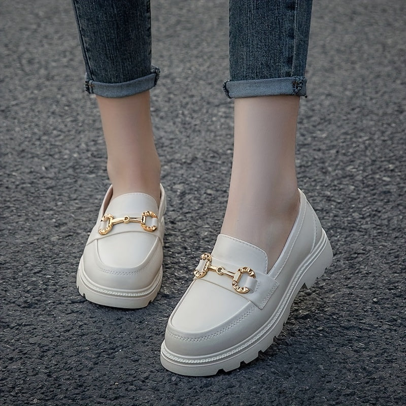 Women's Platform Loafers Slip On Shoes Retro Buckle Decor