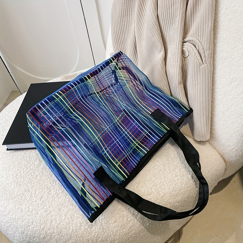 Striped Shoulder Bag Mesh Tote Women's Handbag