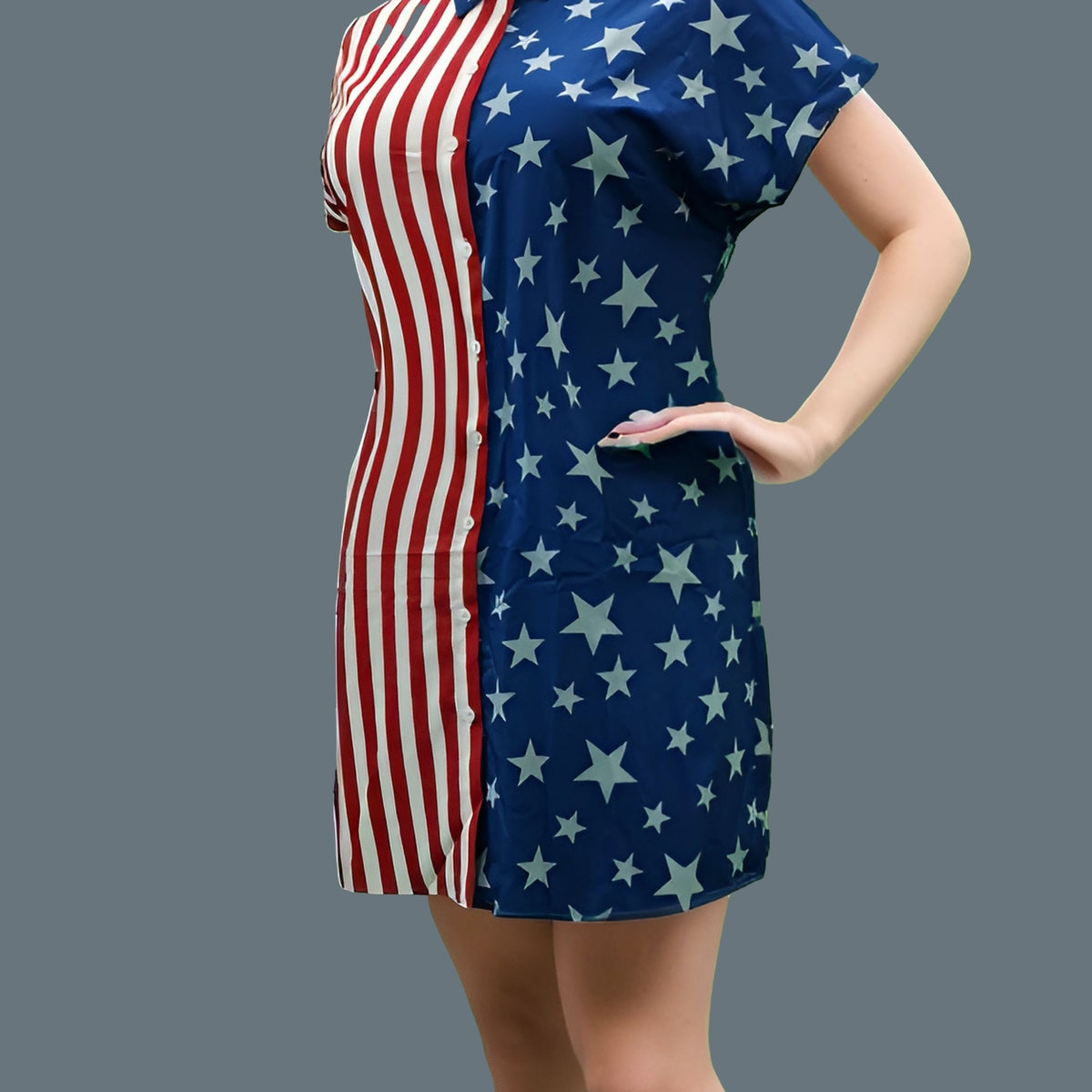  Stripe & Star Print Button Up Shirt Dress