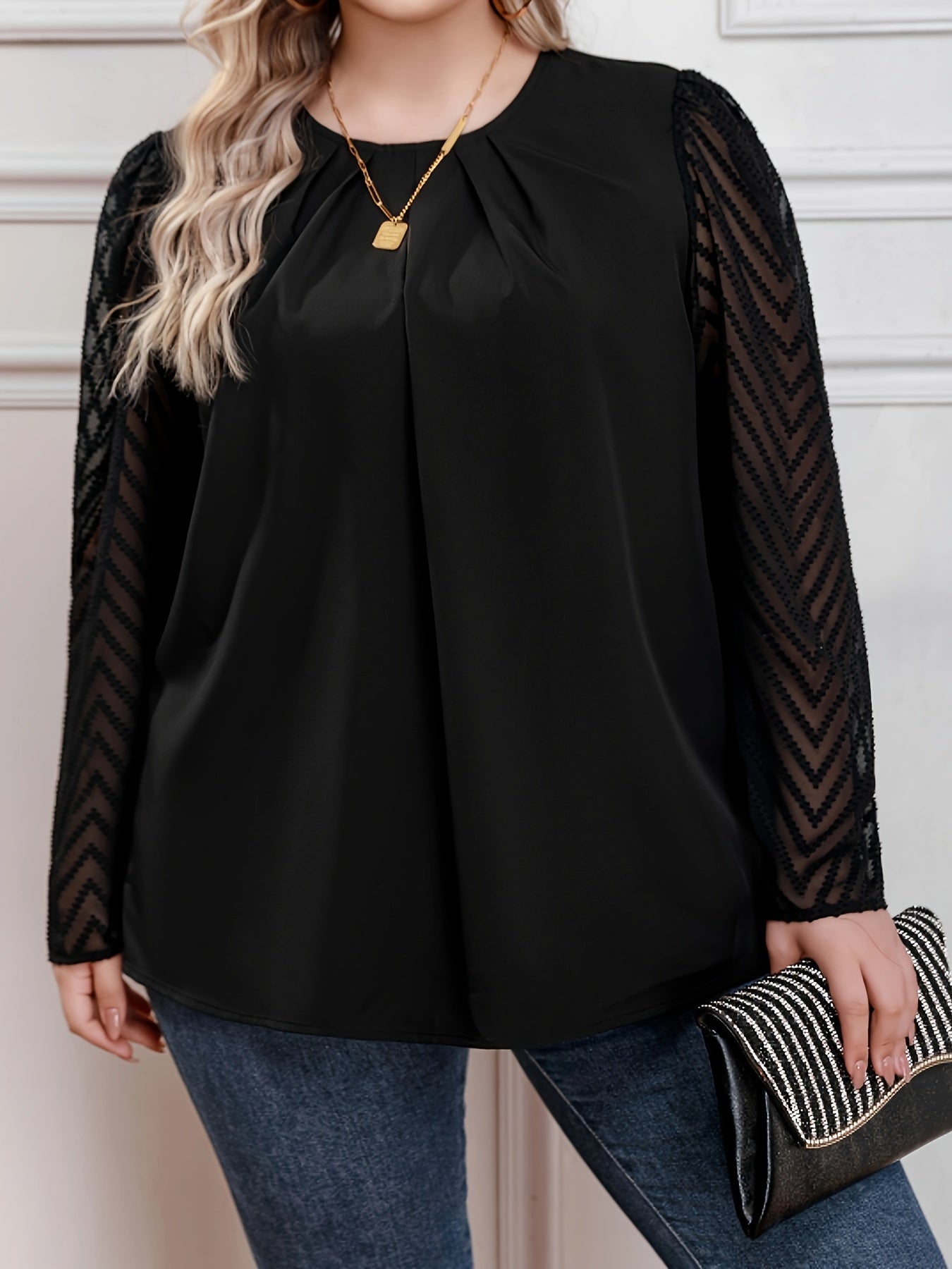  Chevron Print Mesh Sleeve Ruched Blouse