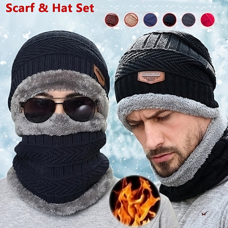 Winter Fleece Set Knit Beanie Hat Scarf Touch Screen Gloves