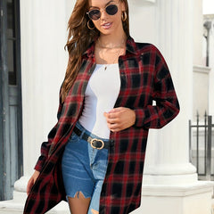  Plaid Print Long Sleeve Button Up Tunic Shirt Top