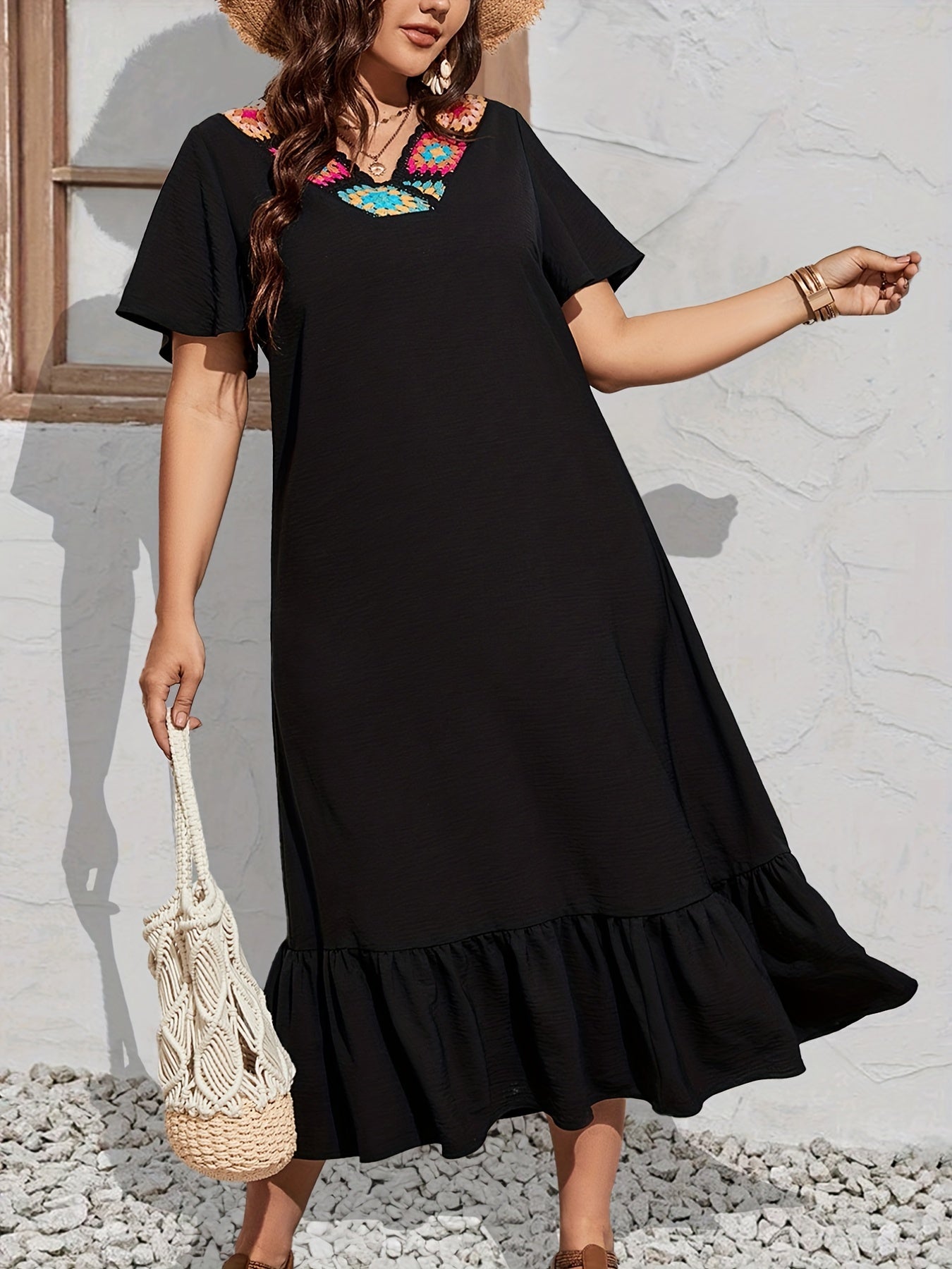 Colorblock Crochet V-Neck Ruffle Dress