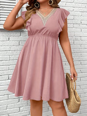  Boho Dress Women's Plus Cap Sleeve Ruffle Trim Cut Out Dress