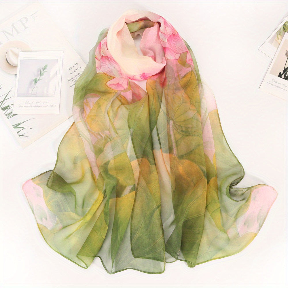 Boho Lotus Print Chiffon Scarf Vintage Shawl Breathable Hijab Sunscreen