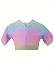 Girls Gradient Short Sleeve Half Zip Swimwear Comfy Bathing Suit