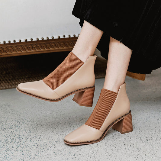 Women's Chunky Heel Ankle Boots Square Toe Knitted Slip On High Heels