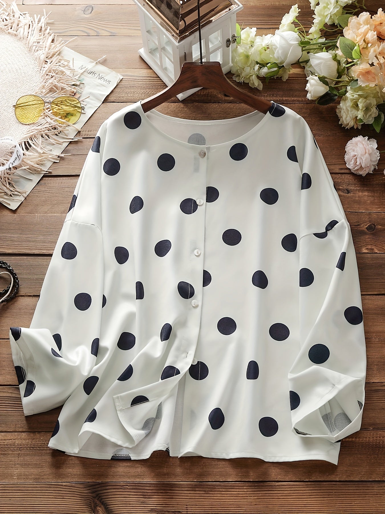  Polka Dot Button Up Shirt Long Sleeve Women's Casual Blouse