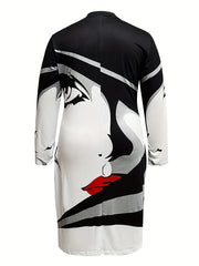  Colorblock Figure Print Long Sleeve Dress