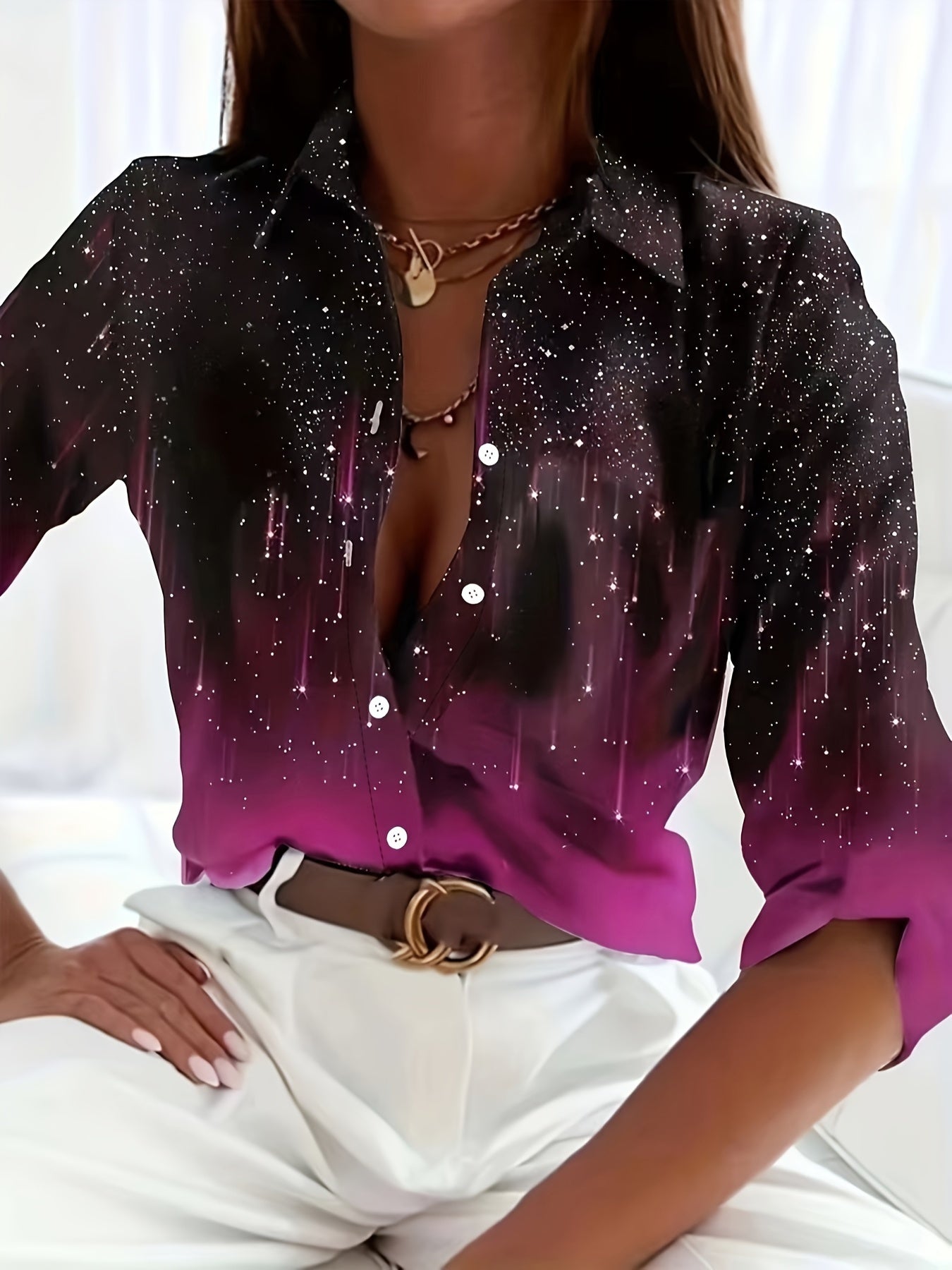  Ombre Print Button Up Collar Blouse