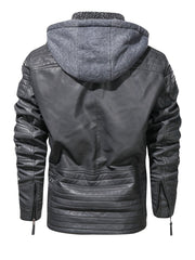 Men's Zipper Hoodie Autumn Winter Solid PU Faux Leather Jacket