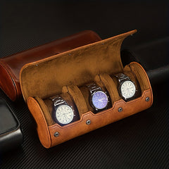 WESSLECO 3 Slots Roll Travel Case Vintage PU Leather Watch Organizer