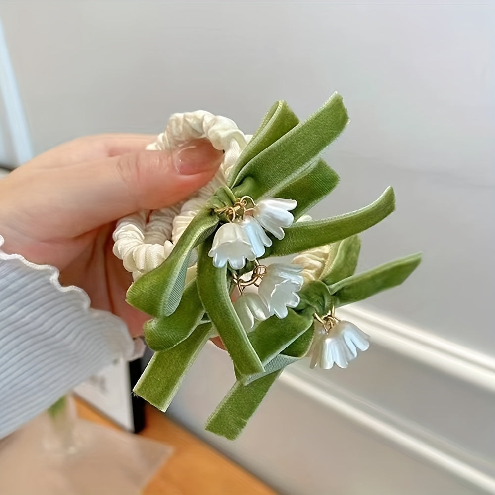 Bell Orchid Flower Scrunchies Velvet Bow Hair Rope