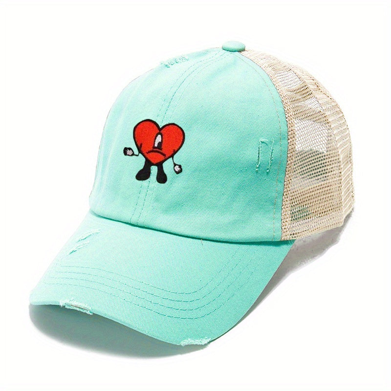 Heart Ripped Ponytail Baseball Cap Candy Washed Distressed Mesh Trucker Hat