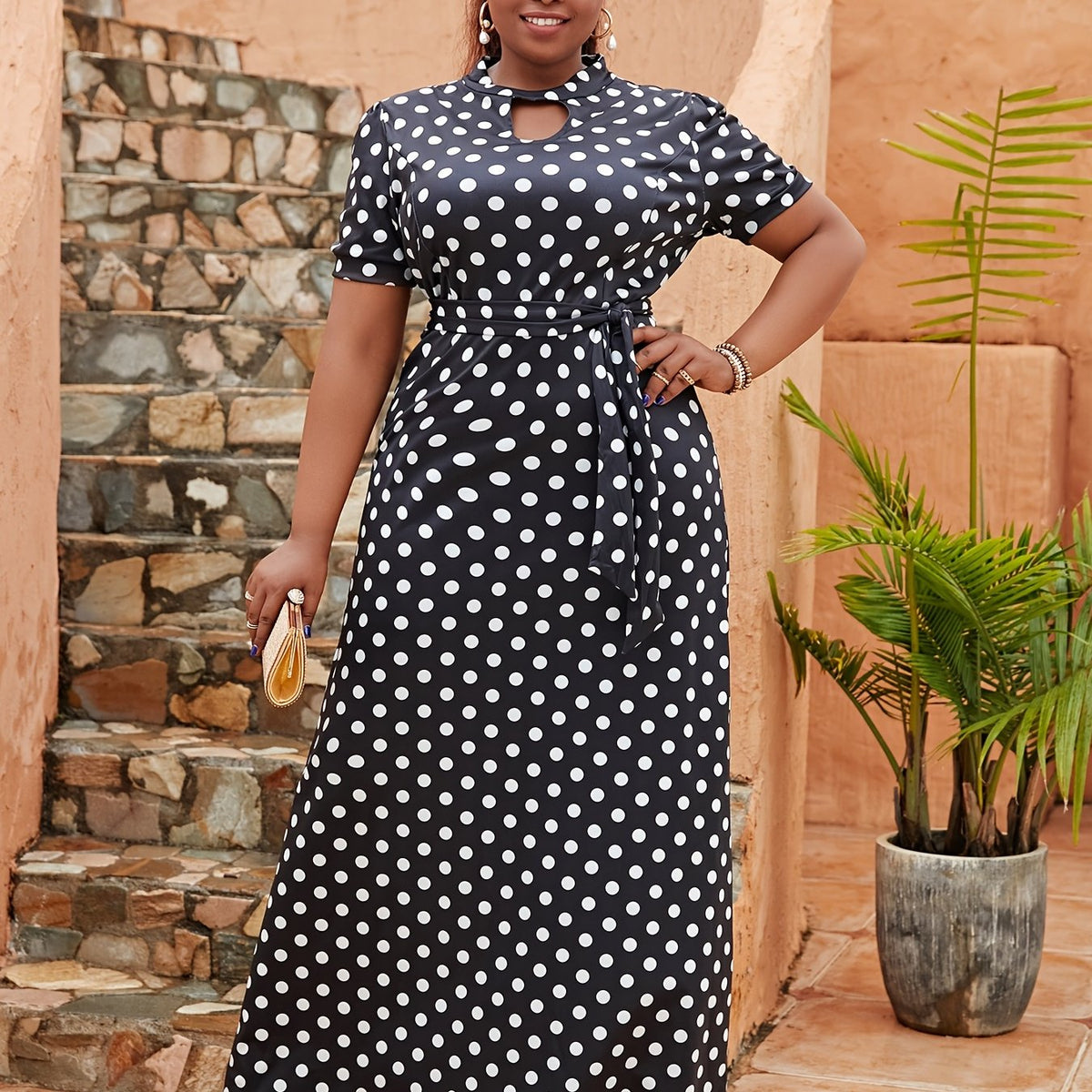Polka Dot Short Sleeve Maxi Dress Women's Plus Size