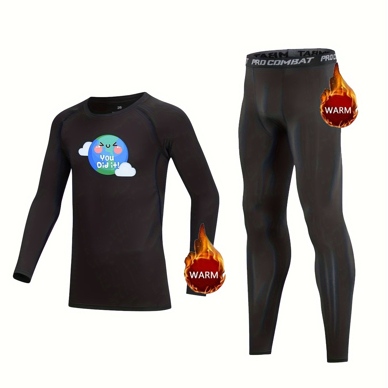 Kids Compression Fleece Sets Cartoon Pattern Crew Neck Pullover & Matching Pants