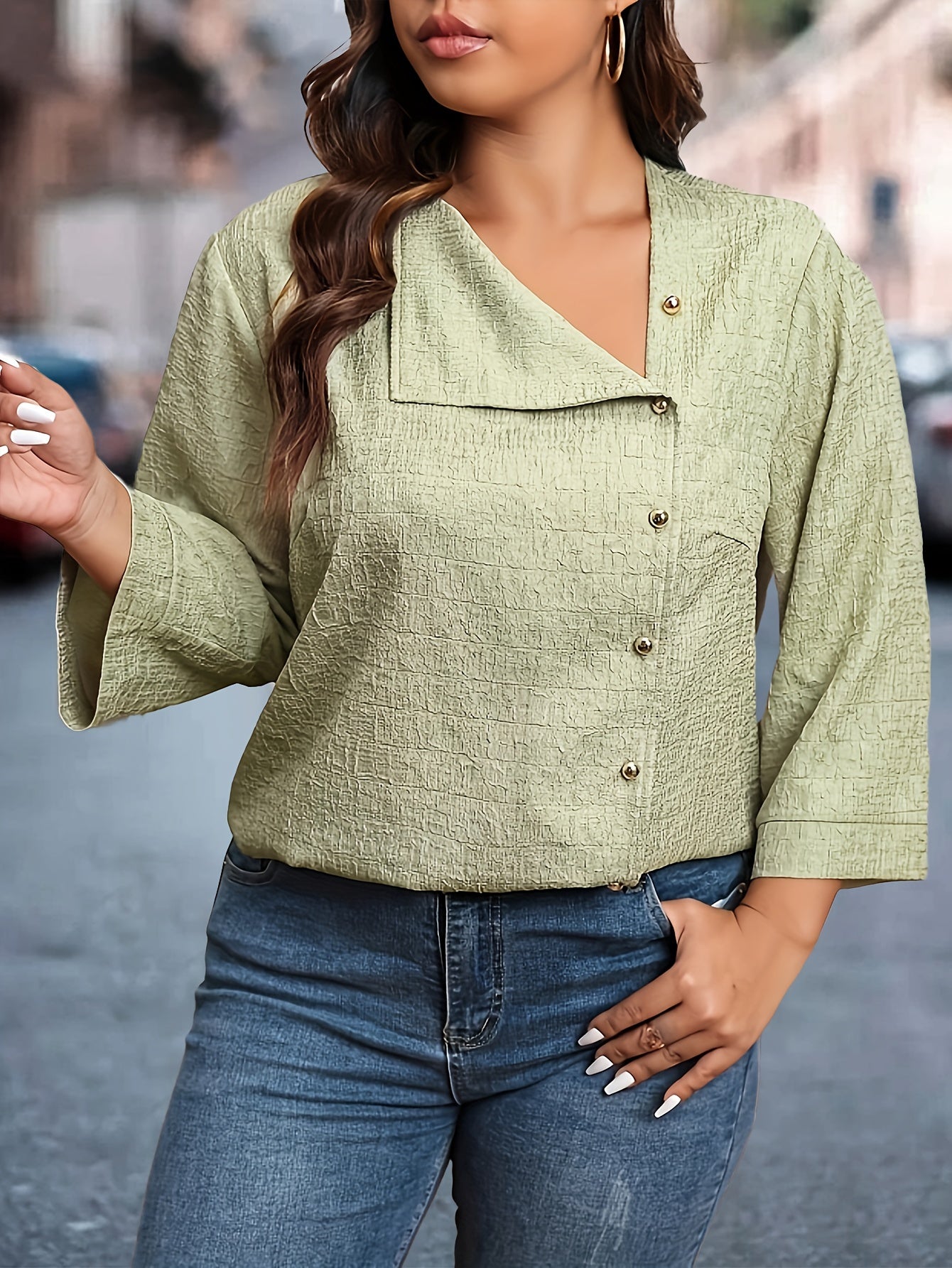  Jacquard Button Up Long Sleeve Blouse