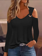 Solid Grommet Cold Shoulder Long Sleeve Top