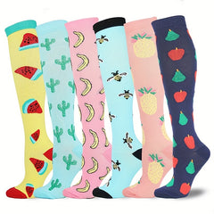 6 Pairs Fruit Print Compression Sports Socks Knee High for Women & Men
