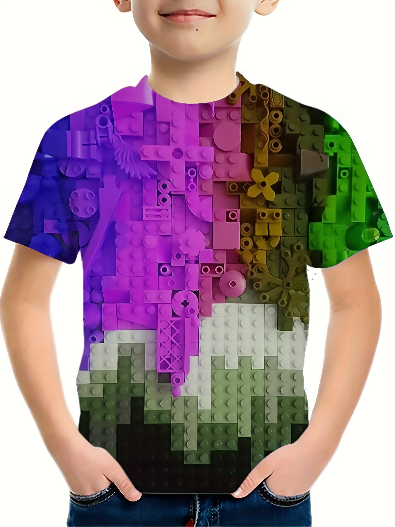 Boys' Gradient Blocks T Shirt Casual & Stretchy Tee For Summer Activities