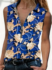 Baroque Print Half Zip Top Shirt Collar Sleeveless Casual Top