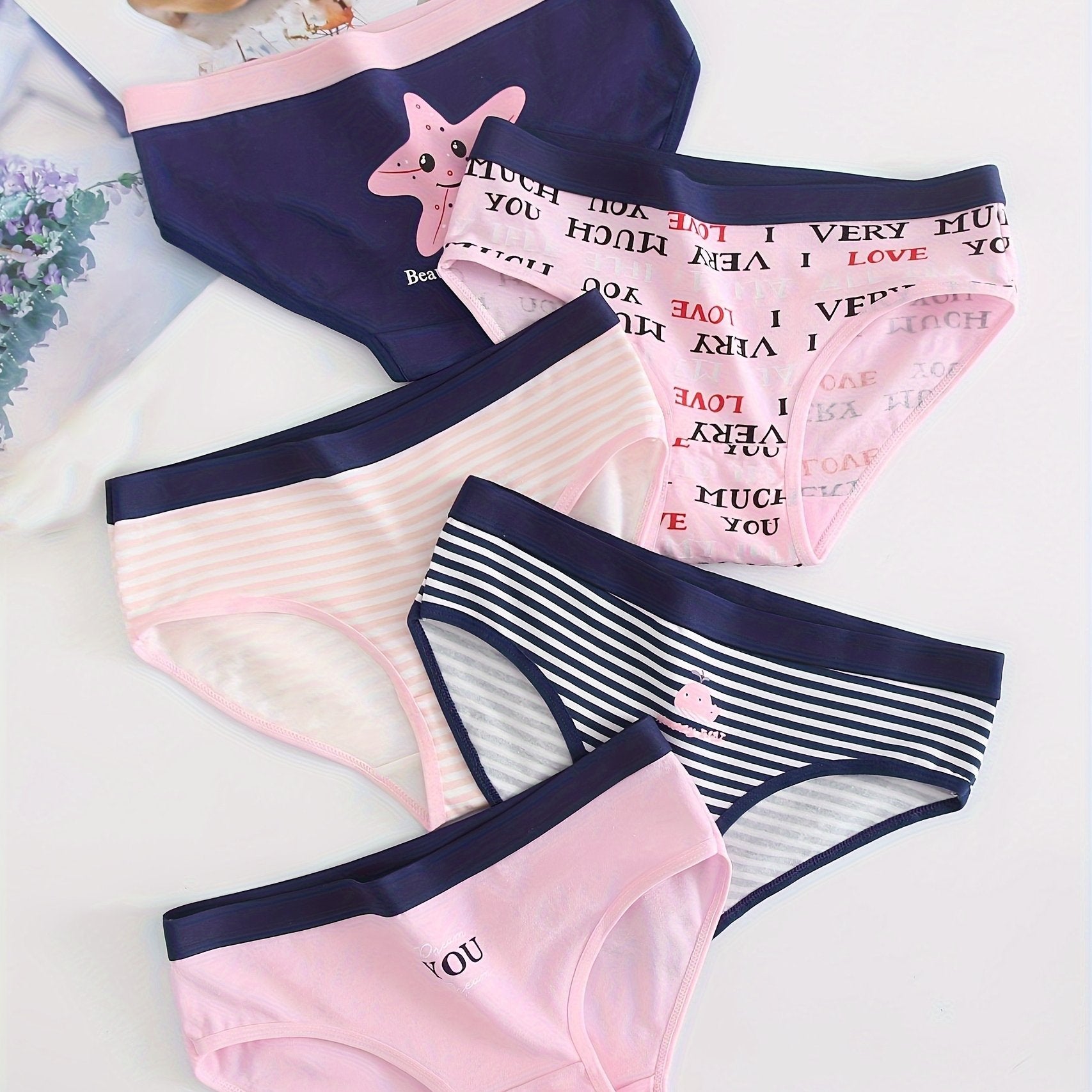 5pcs Cotton Cartoon Briefs Panties Set For Women