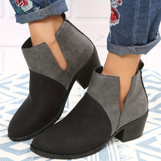 Women's Colorblock Block Heel Ankle Boots Round Toe V-cut Slip On Mid Heels