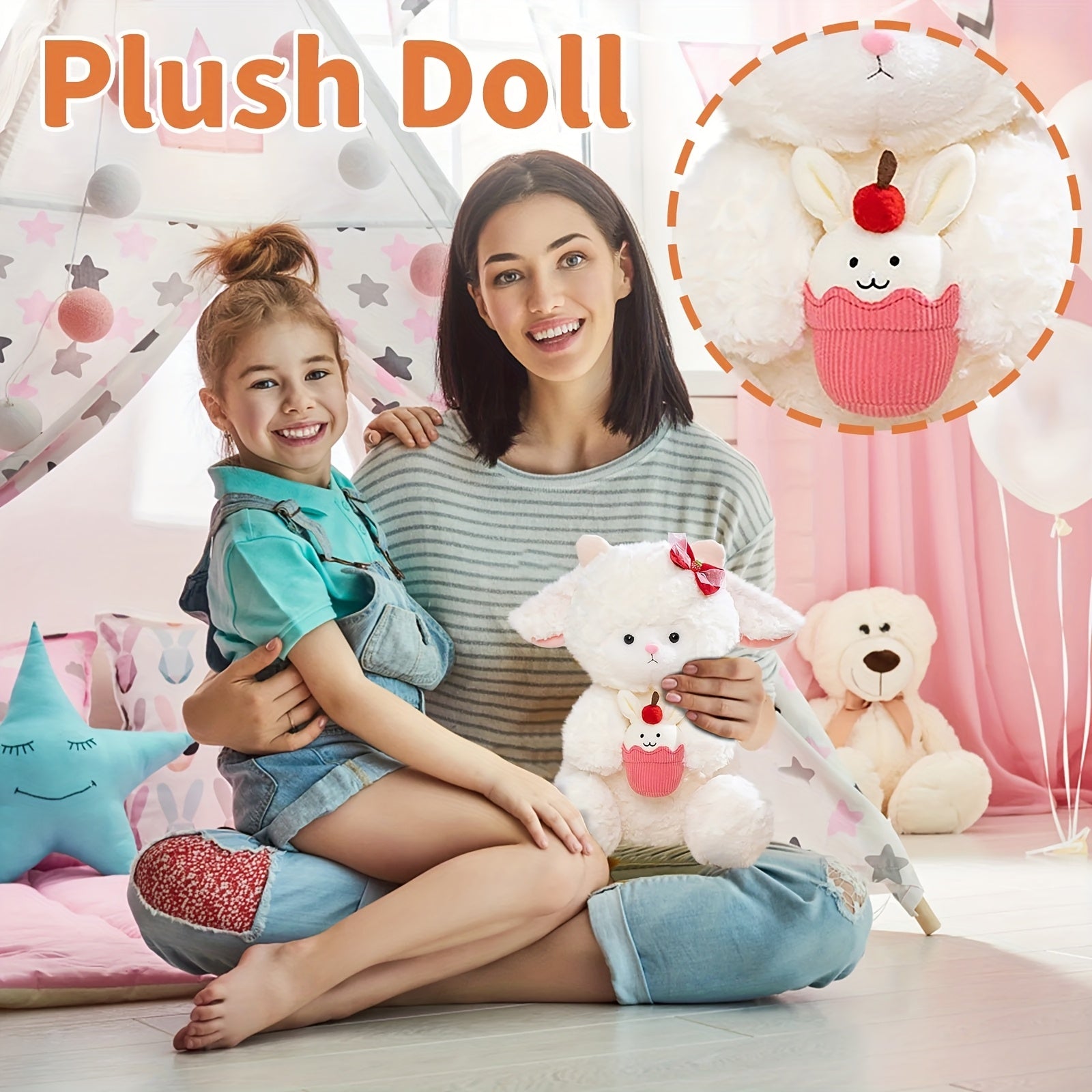 Soft Lamb Plush Toy with Red Bow & Cupcake Stuffed Animal