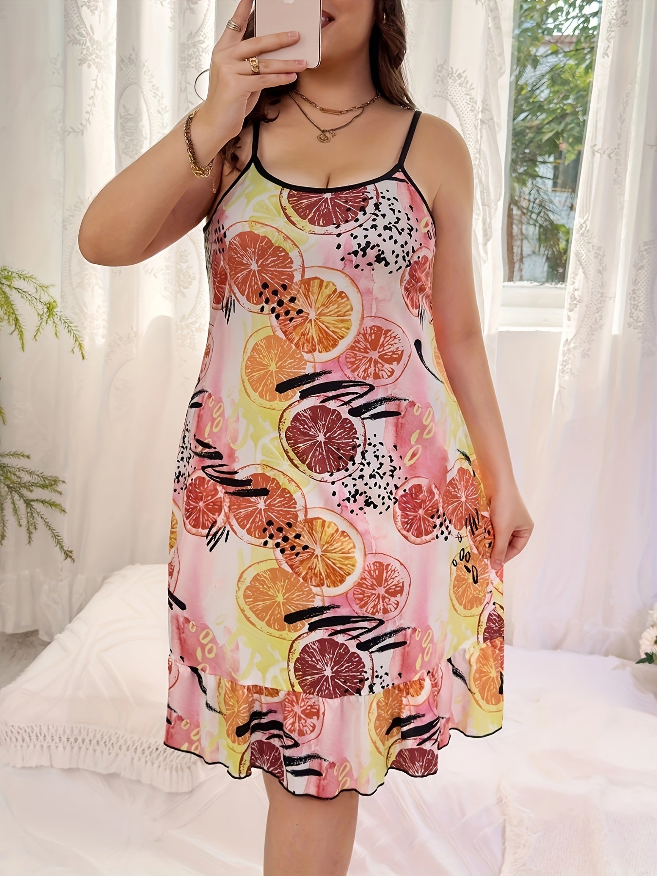  Orange Print Ruffle Trim Cami Sleep Dress