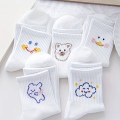 5 Pairs Cute Cartoon Print Socks Soft Mid Tube Women's Stockings