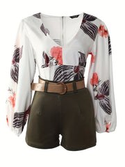 Floral Print Two Piece Set Lantern Sleeve Blouse & Shorts