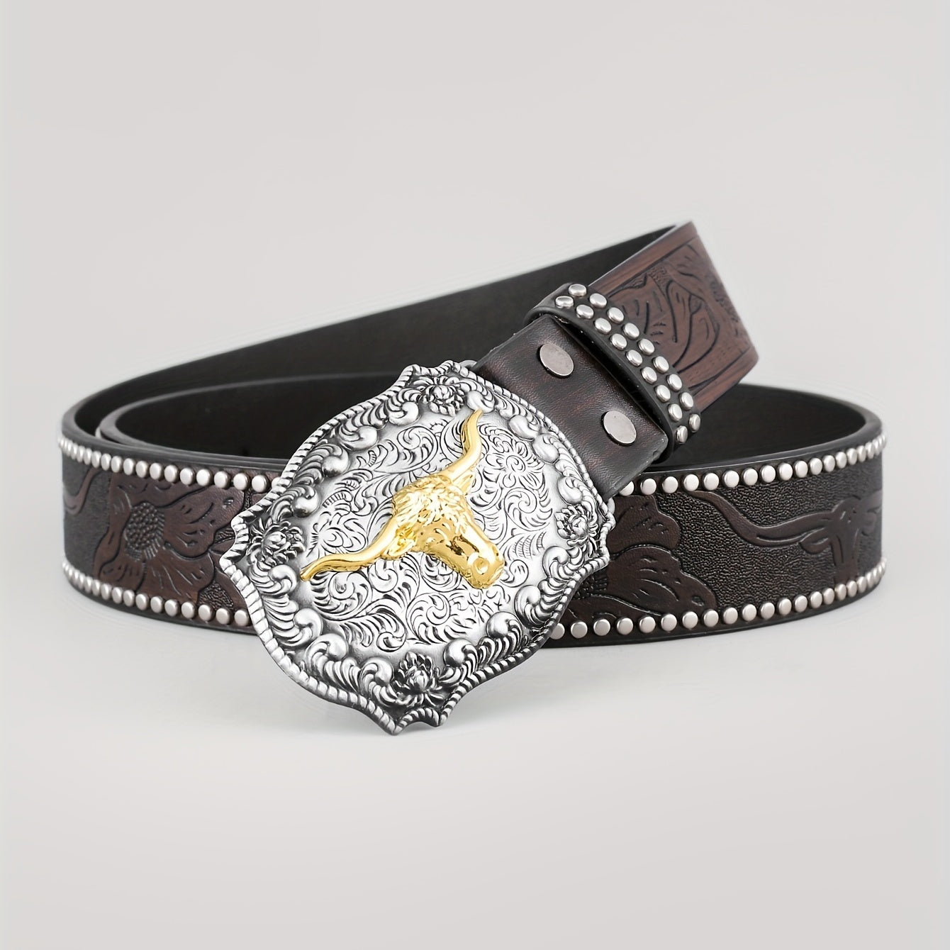 Cattle Head Pattern Western Cowboy Leather Belt