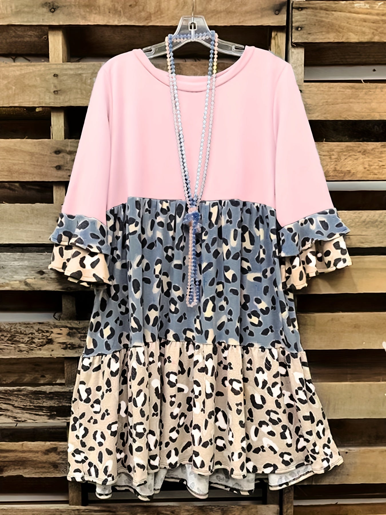  Colorblock Leopard Print Layered Sleeve Smock Dress