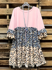  Colorblock Leopard Print Layered Sleeve Smock Dress