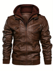 Men's PU Leather Hooded Zipper Jackets with Pockets
