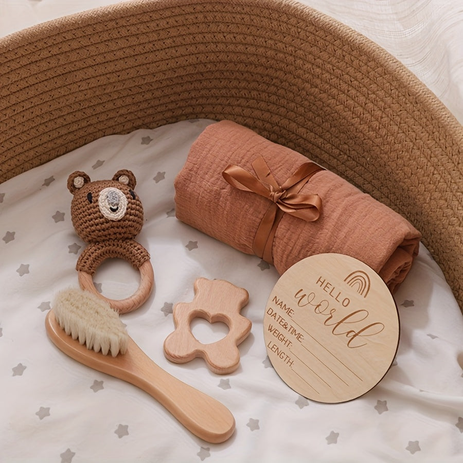 Baby Bath Set Bamboo Towel Rattle Brush Props